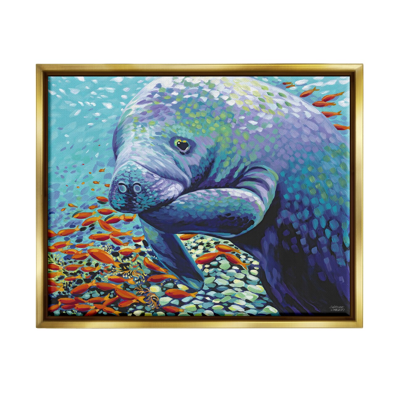 Stupell Industries Underwater Manatee Impressionist Black Framed Floater Canvas Wall Art